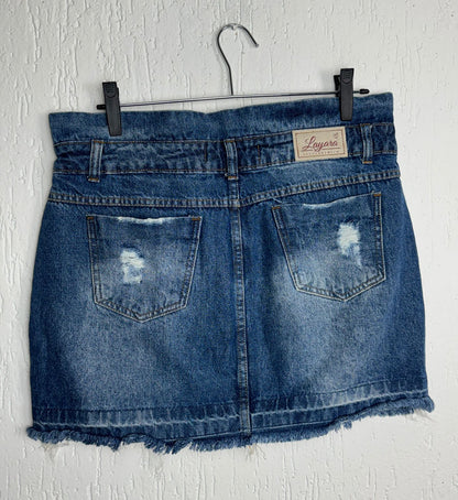 Saia Jeans Feminina Layara Premium com Detalhes Destruídos e Barra Desfiada