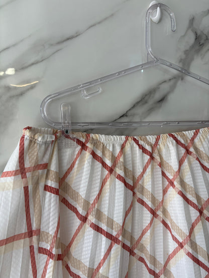 Saia Midi Plissada Estampada Xadrez Branco, Rosa e Bege – Cós Elástico