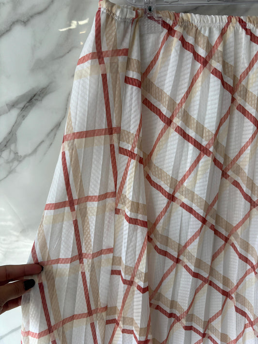 Saia Midi Plissada Estampada Xadrez Branco, Rosa e Bege – Cós Elástico