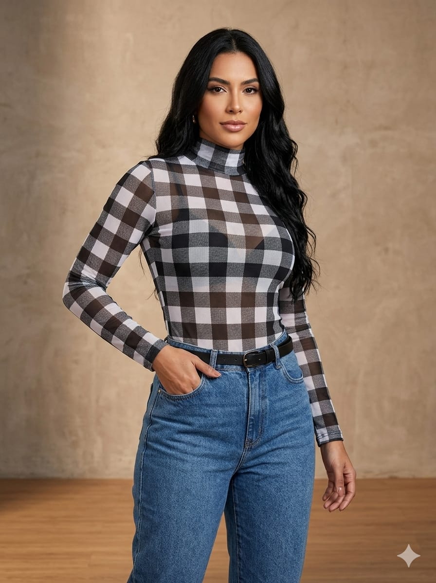 Body Tule Xadrez Preto e Branco Gola Alta – Tamanho G ( Lindo para festa junina)
