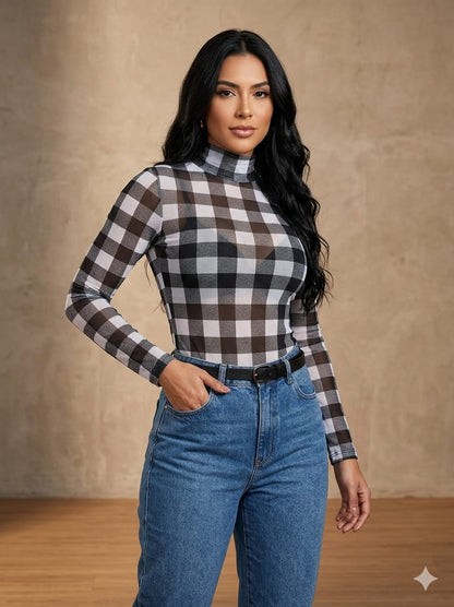 Body Tule Xadrez Preto e Branco Gola Alta – Tamanho G ( Lindo para festa junina)