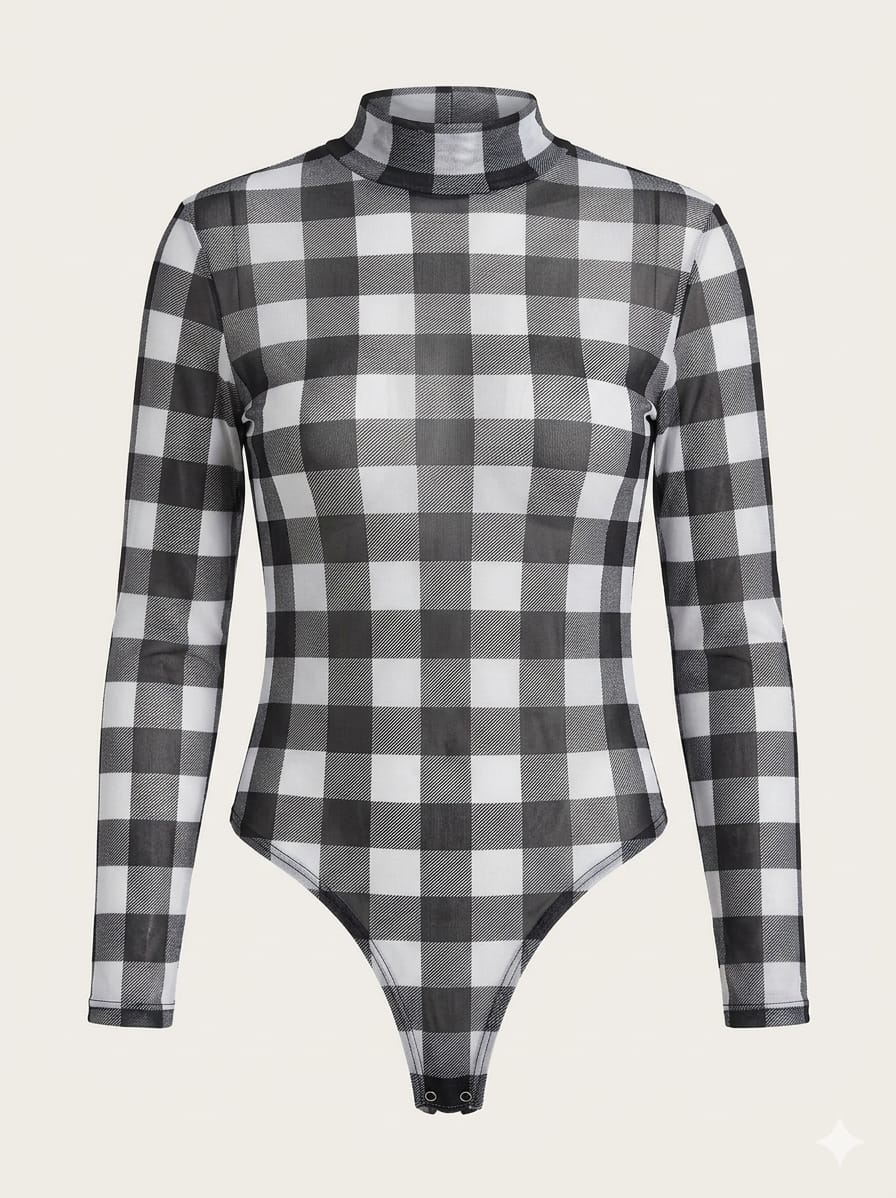 Body Tule Xadrez Preto e Branco Gola Alta – Tamanho G ( Lindo para festa junina)