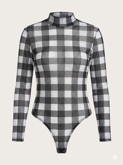 Body Tule Xadrez Preto e Branco Gola Alta – Tamanho G ( Lindo para festa junina)
