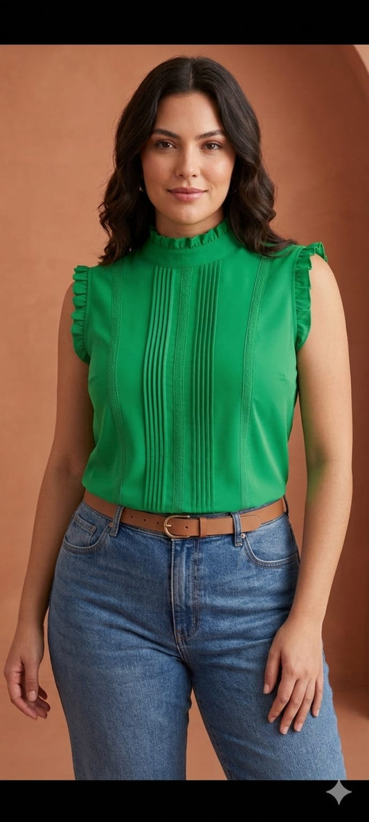 Blusa Verde Bandeira Plissada Cavada Ruffles - Tamanho M