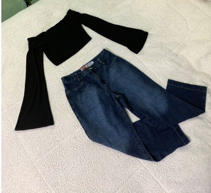 Kit look estiloso: Blusinha Ombro a ombro tam P + Calça Jeans Reta tam 38